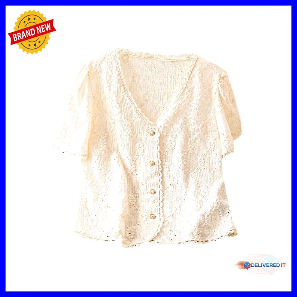 Floral Embroidered Button Down Blouse Puff Sleeve V Neck Frill Trim Vacation
